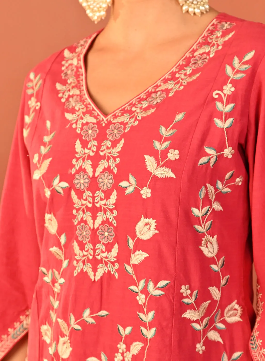 Areeba Coral Embroidered Cotton Linen Designer Kurta Set for Women