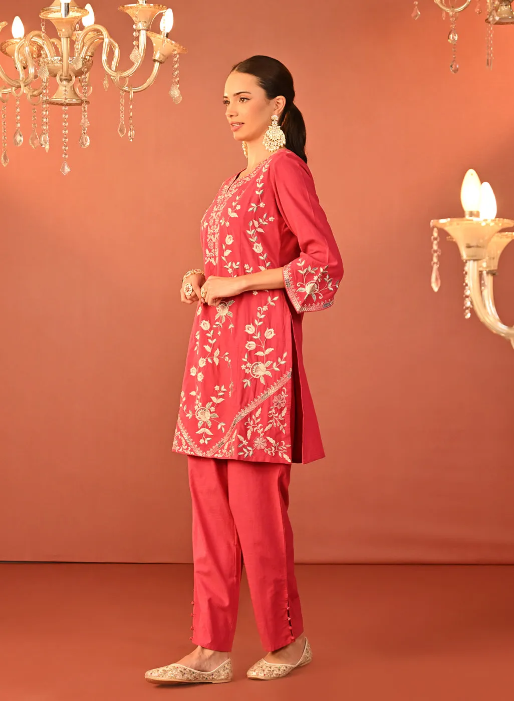Areeba Coral Embroidered Cotton Linen Designer Kurta Set for Women