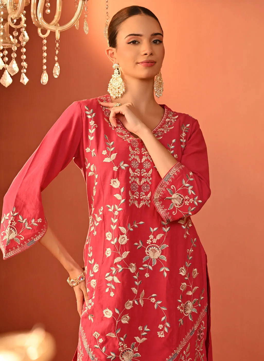 Areeba Coral Embroidered Cotton Linen Designer Kurta Set for Women