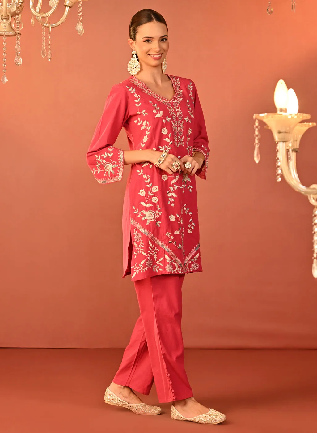 Areeba Coral Embroidered Cotton Linen Designer Kurta Set for Women