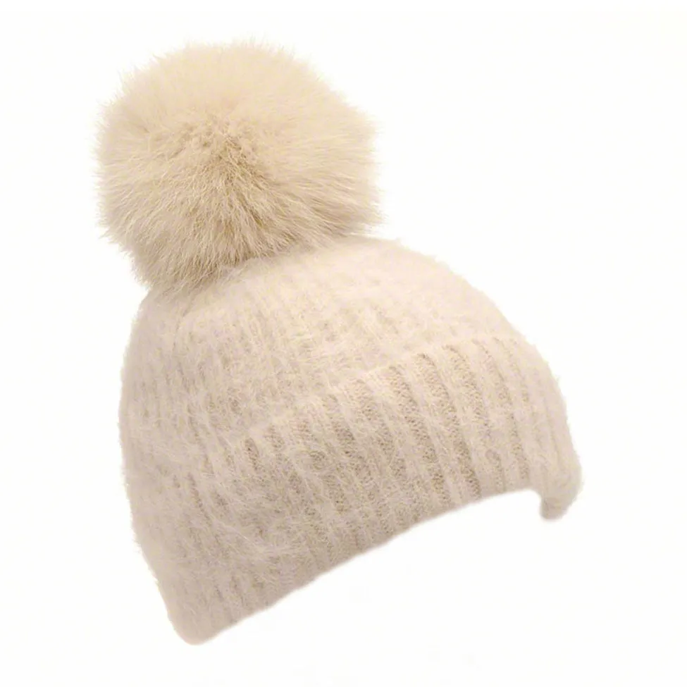 Beanie/Fox PomPom – Beige