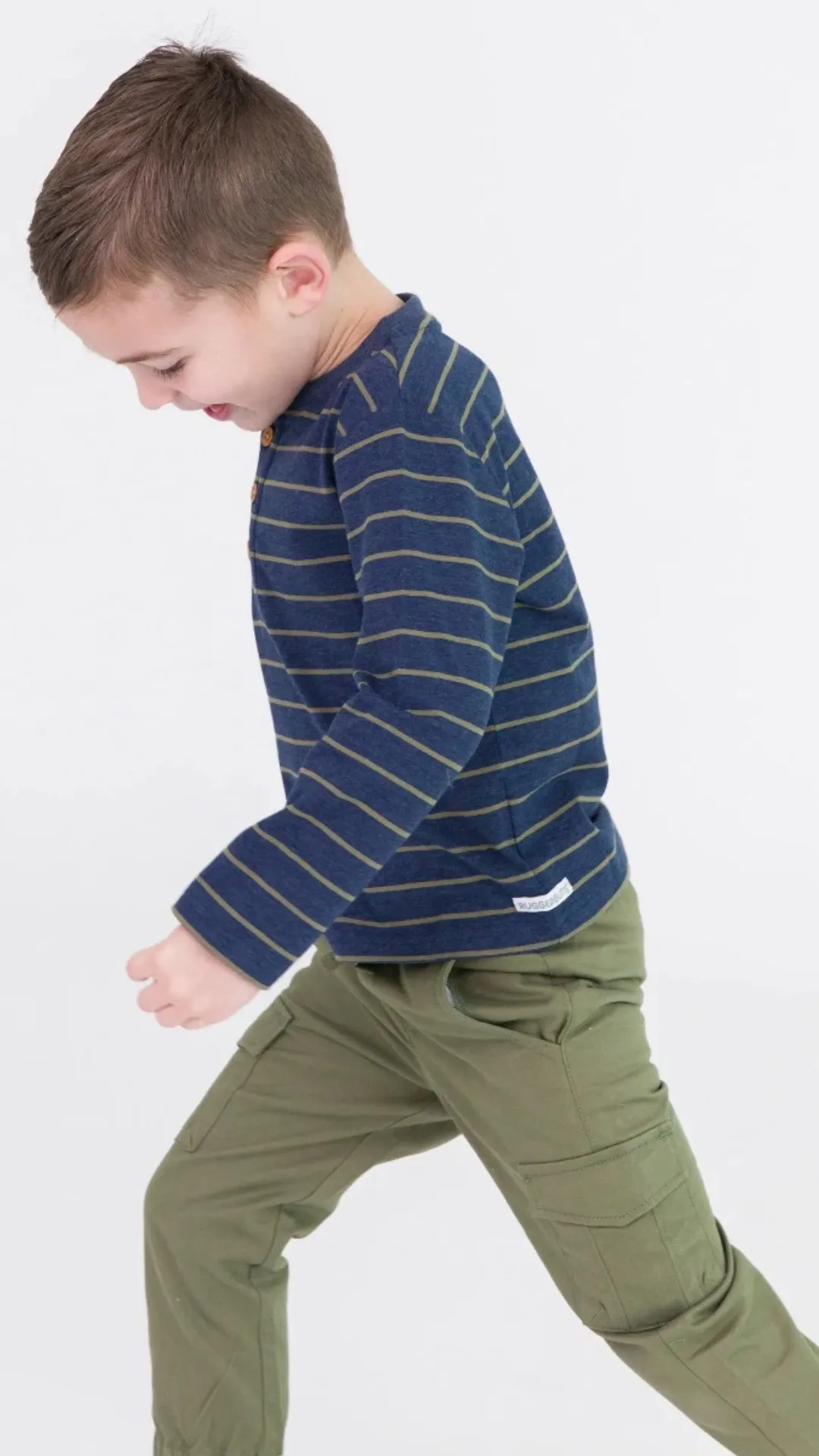 Boys Dusty Olive Stripe Knit Long Sleeve Henley Tee