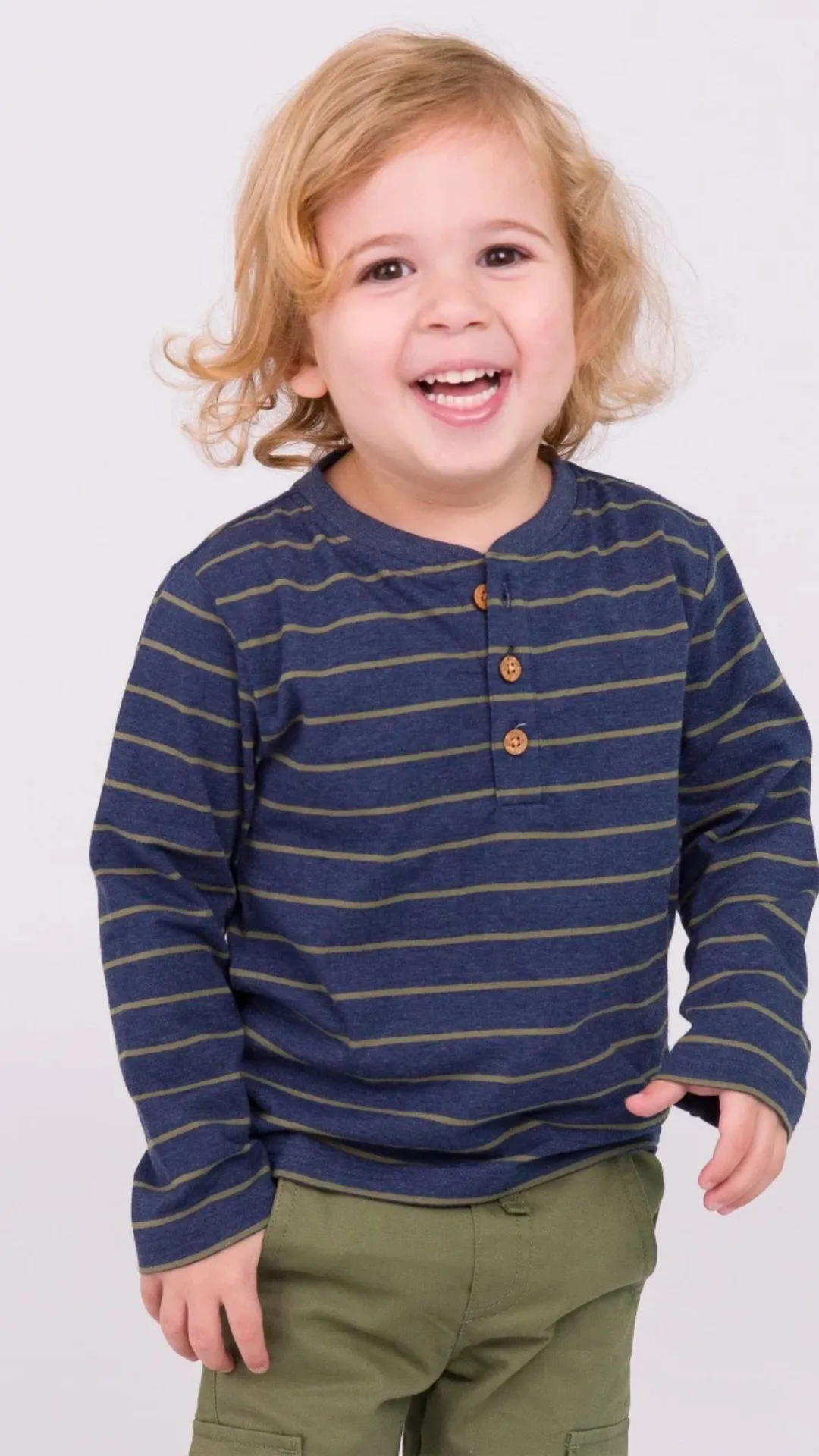 Boys Dusty Olive Stripe Knit Long Sleeve Henley Tee