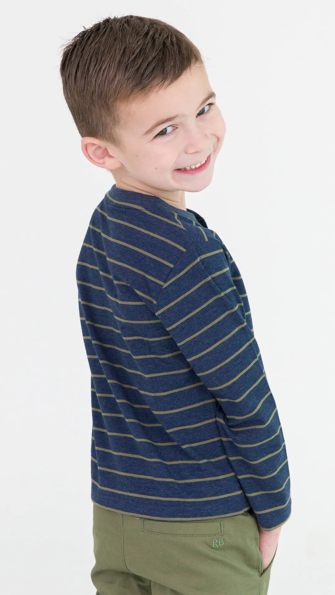 Boys Dusty Olive Stripe Knit Long Sleeve Henley Tee