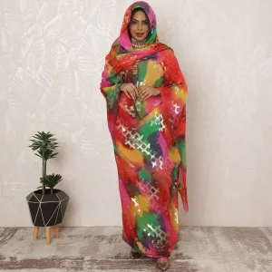 Bright Multicolor Sudanese Thobe Fabric in Pure Silk Chiffon with Metallic Lurex, 4.5 Meters, 110 cm Width-D20423