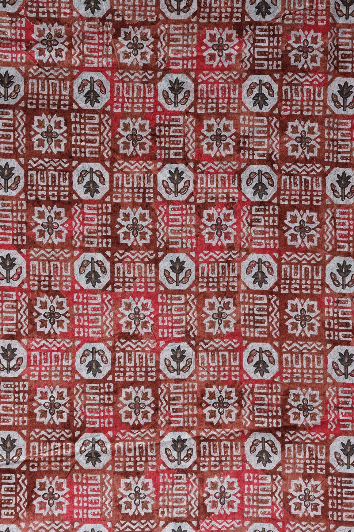 Brown And White Color Geometric Foil Print On Pure Mul Cotton Fabric