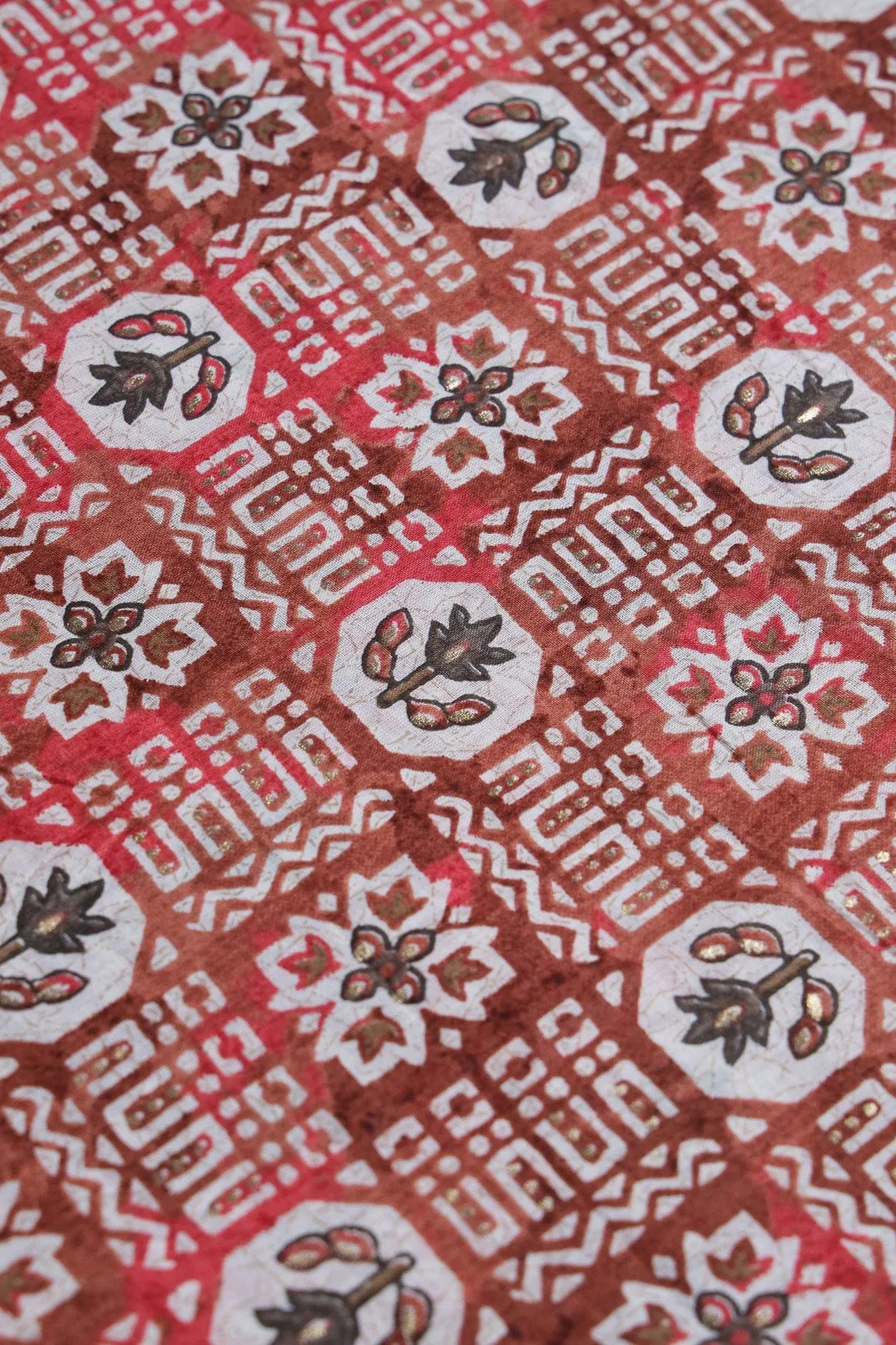 Brown And White Color Geometric Foil Print On Pure Mul Cotton Fabric