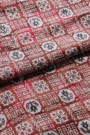 Brown And White Color Geometric Foil Print On Pure Mul Cotton Fabric
