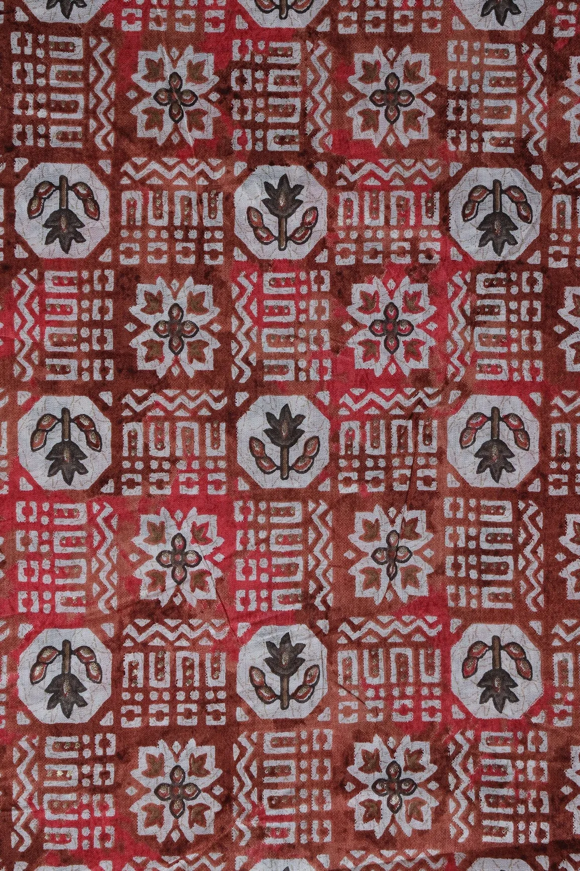 Brown And White Color Geometric Foil Print On Pure Mul Cotton Fabric