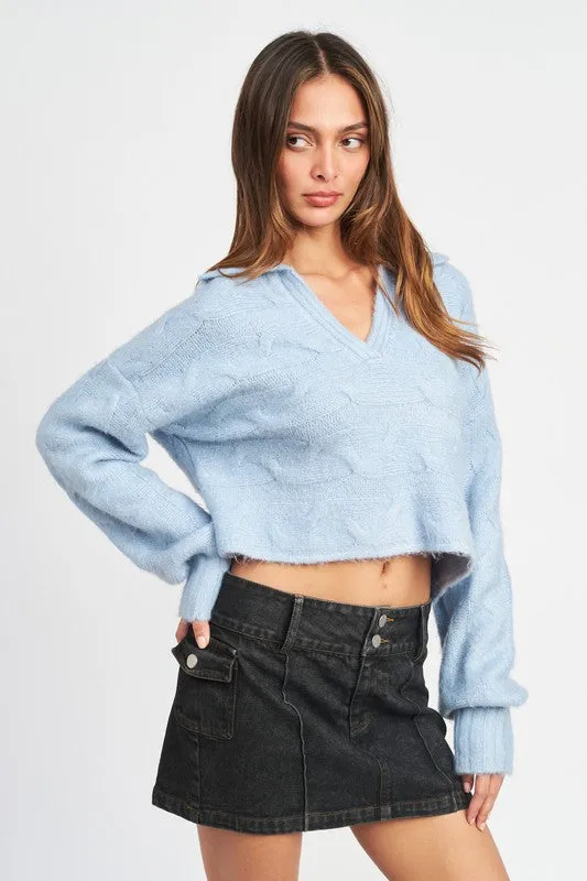 COLLARED CABLE KNIT BOXY SWEATER