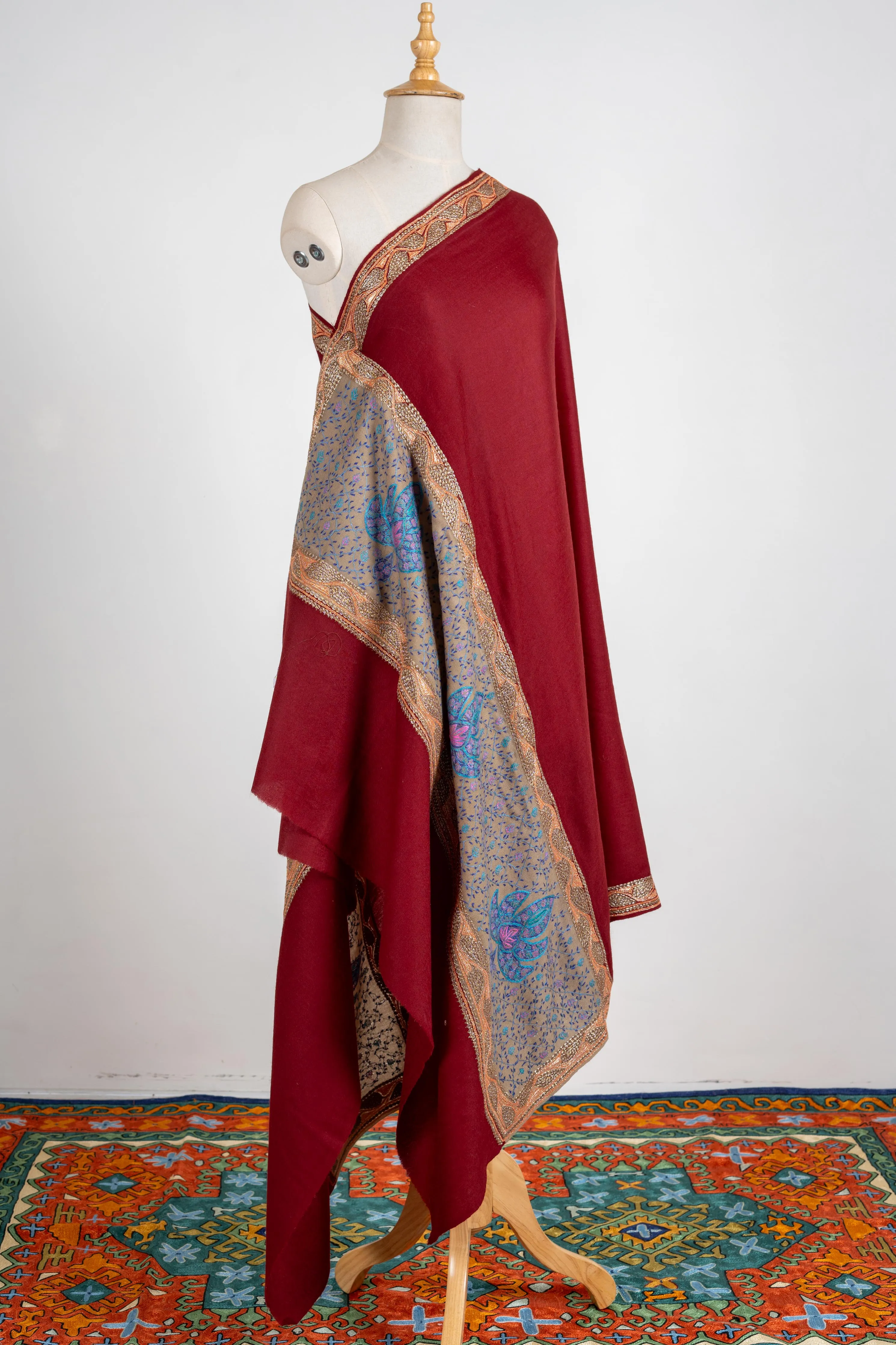 Crimson Dream Merino Wool Shawl with Vibrant Sozni Highlights