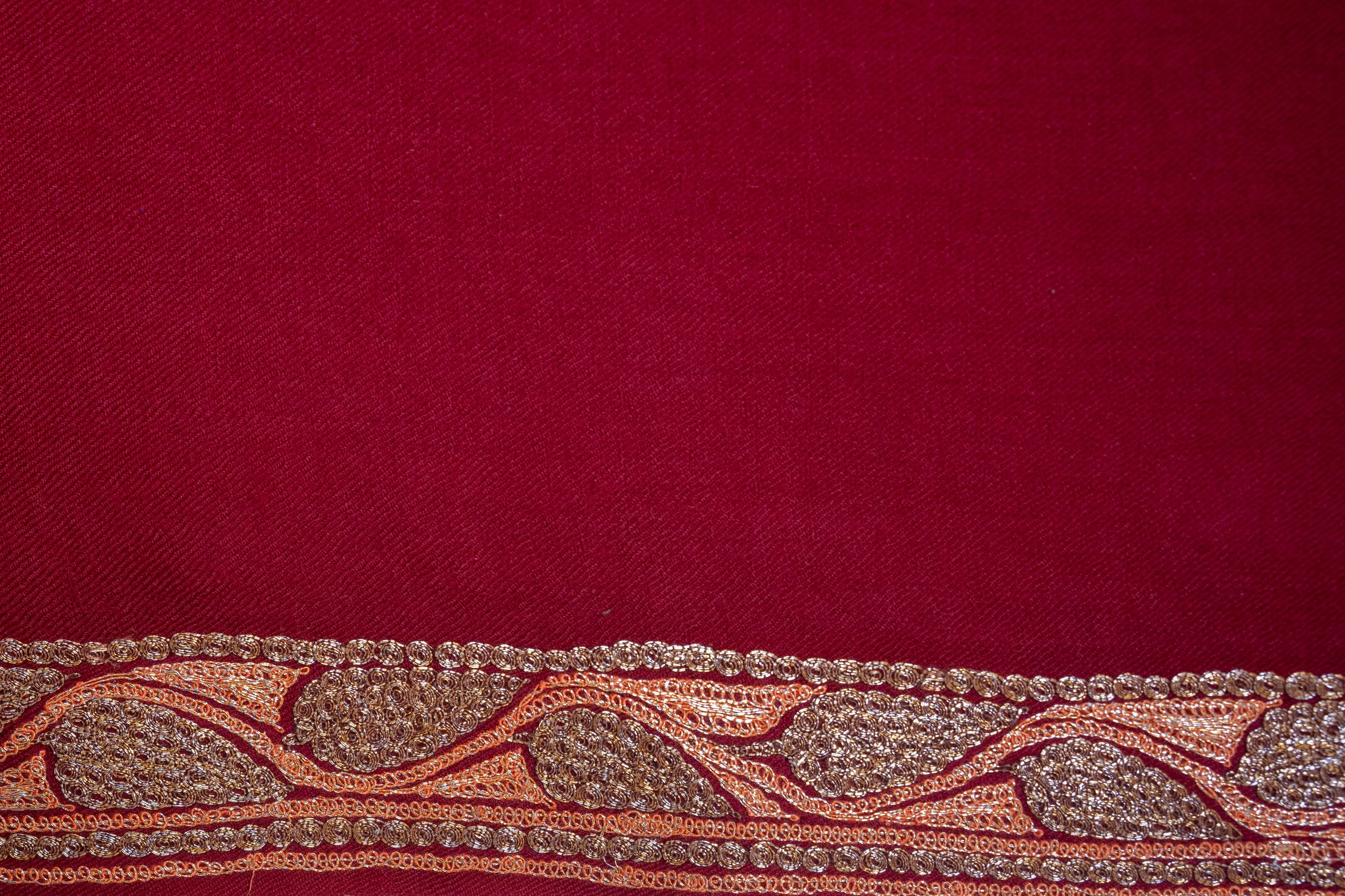 Crimson Dream Merino Wool Shawl with Vibrant Sozni Highlights