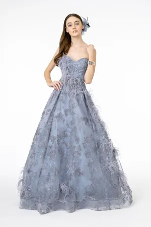 Feather Embellished Embroidered Sweetheart Mesh/Lace Long Dress GLGL1834