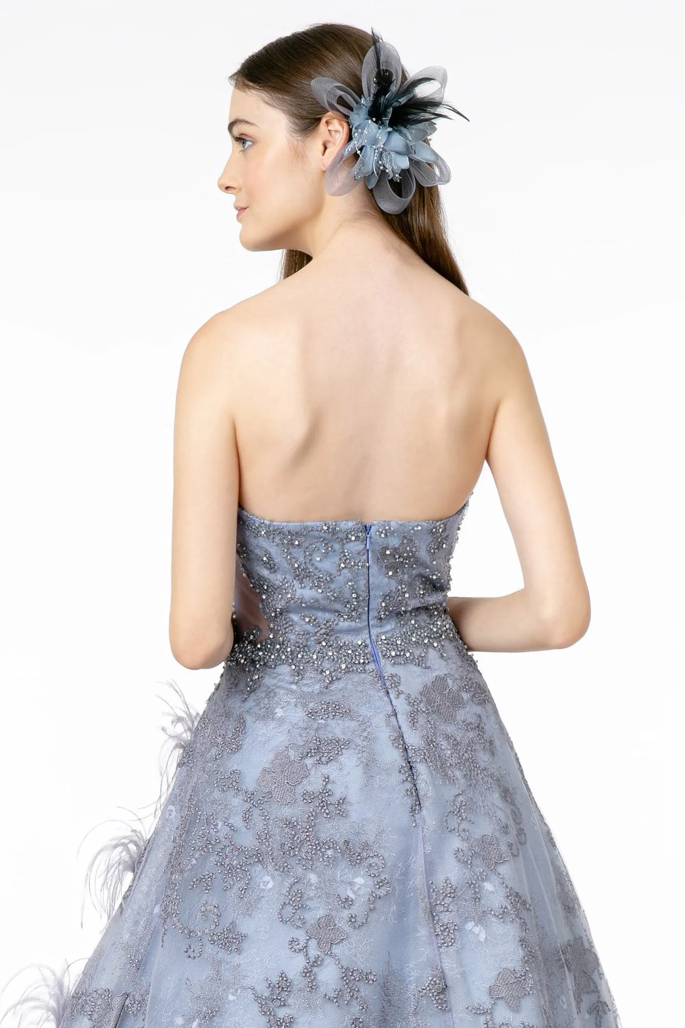Feather Embellished Embroidered Sweetheart Mesh/Lace Long Dress GLGL1834