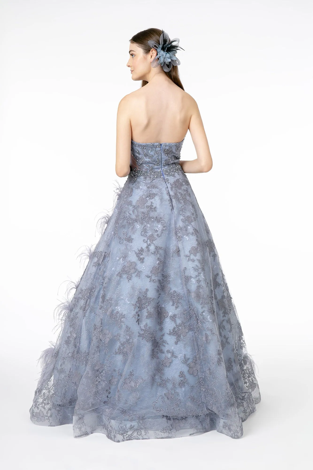 Feather Embellished Embroidered Sweetheart Mesh/Lace Long Dress GLGL1834