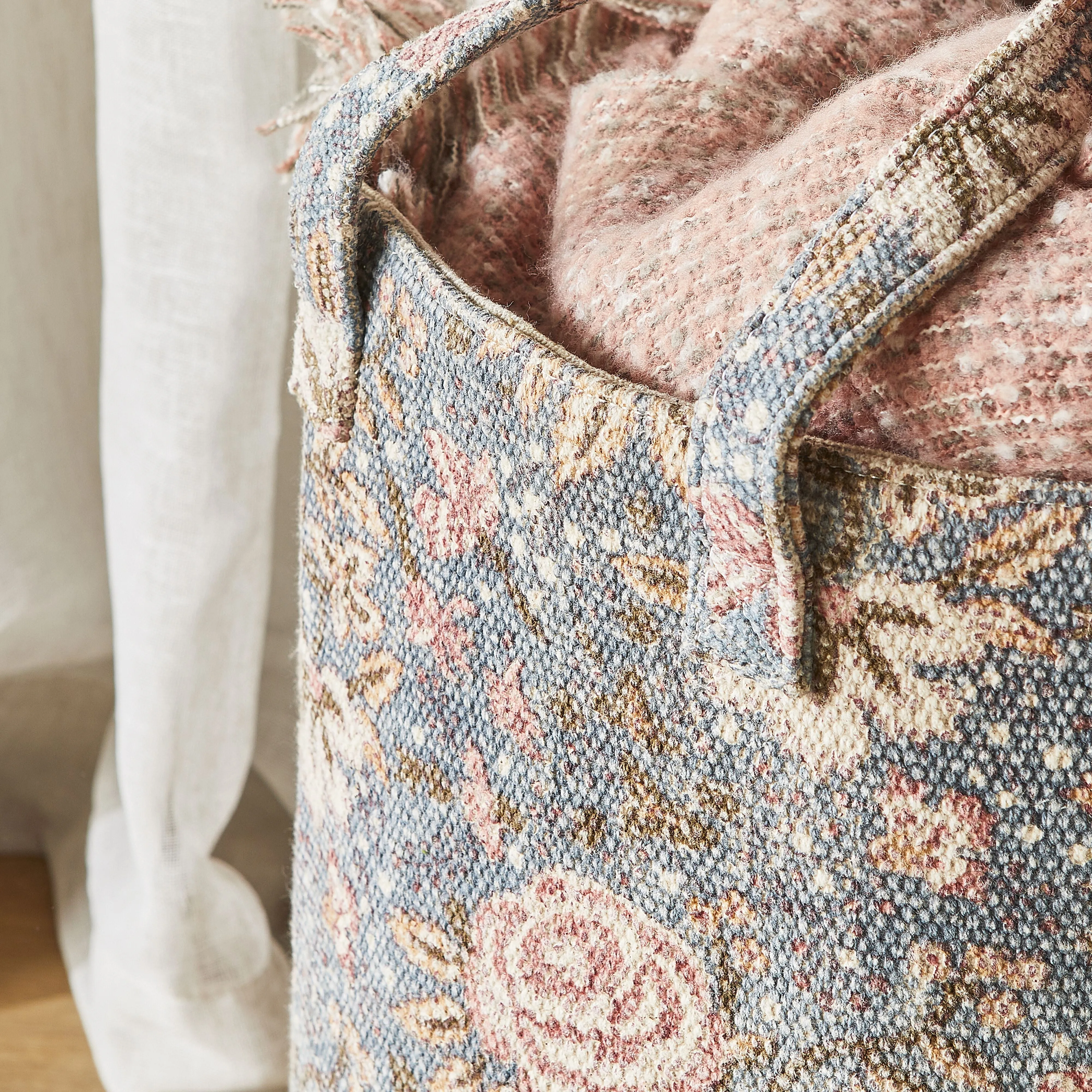 Fleurs Blue Cotton Dhurrie Basket Medium 41x35cm