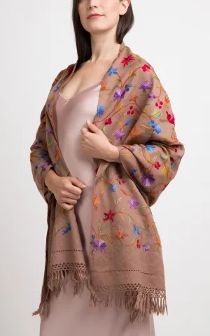 Floral Pecan Embroidered Wool Shawl