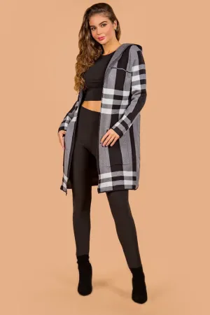 Gray Womens Checkered Print Cardigan