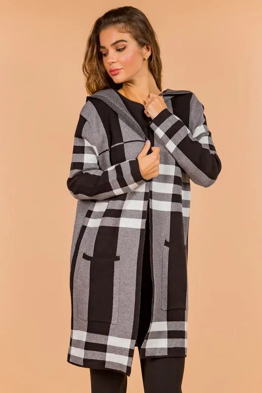 Gray Womens Checkered Print Cardigan