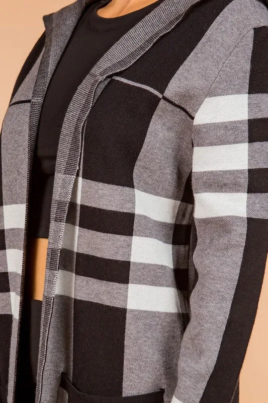 Gray Womens Checkered Print Cardigan