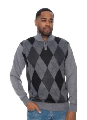 Grey Men's Crewneck Sweater Argyle Pattern Quarter Zip Up Long Sleeve Knit Pullover-93