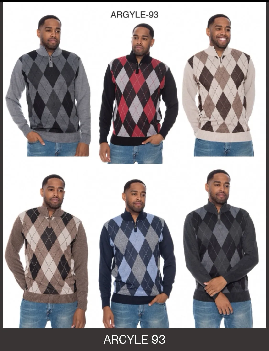 Grey Men's Crewneck Sweater Argyle Pattern Quarter Zip Up Long Sleeve Knit Pullover-93