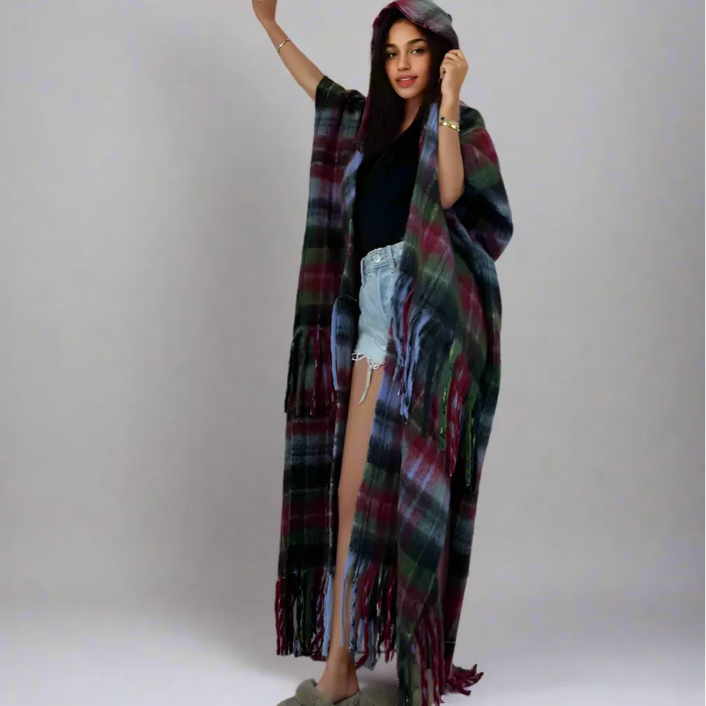 Holiday Plaid Hooded Wool Kimono
