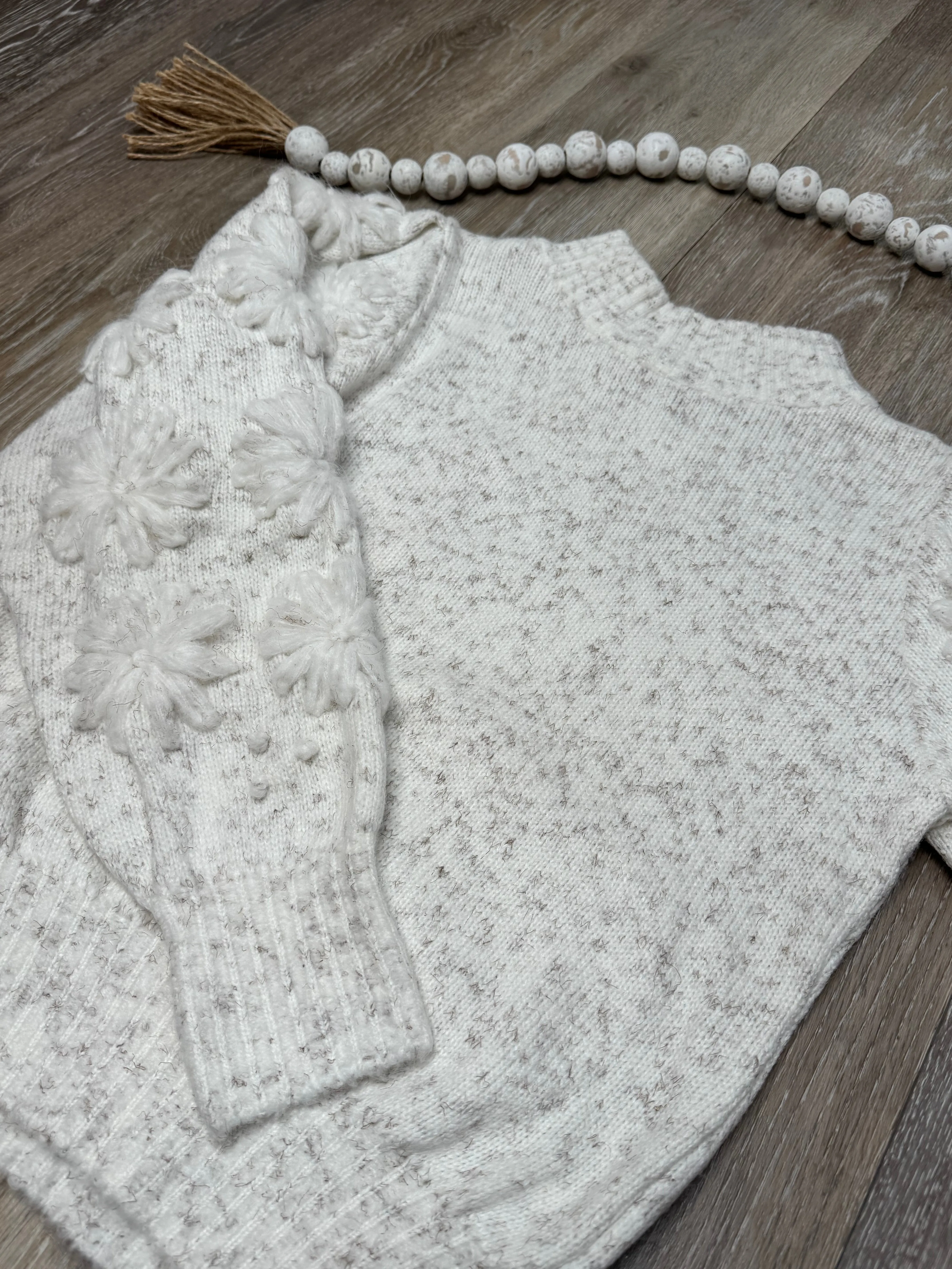 MAR Marled Off White Embroidered Flower Sleeves