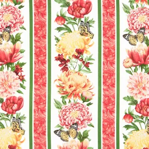 Morning Blossom - Floral Border Stripe White Multi Yardage