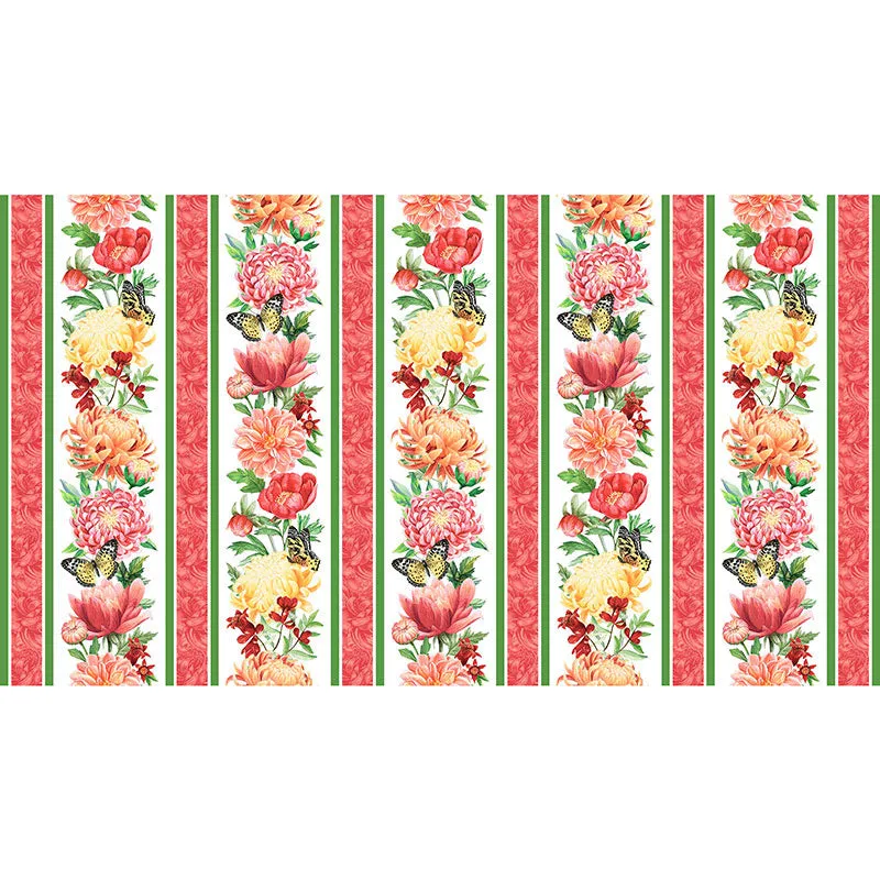 Morning Blossom - Floral Border Stripe White Multi Yardage