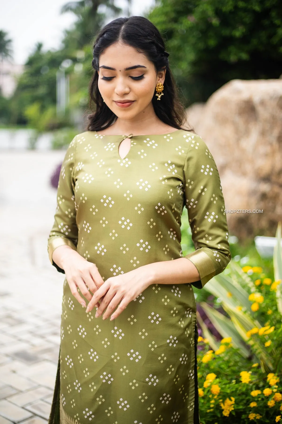 Moss Green Bandhini Kurta Set