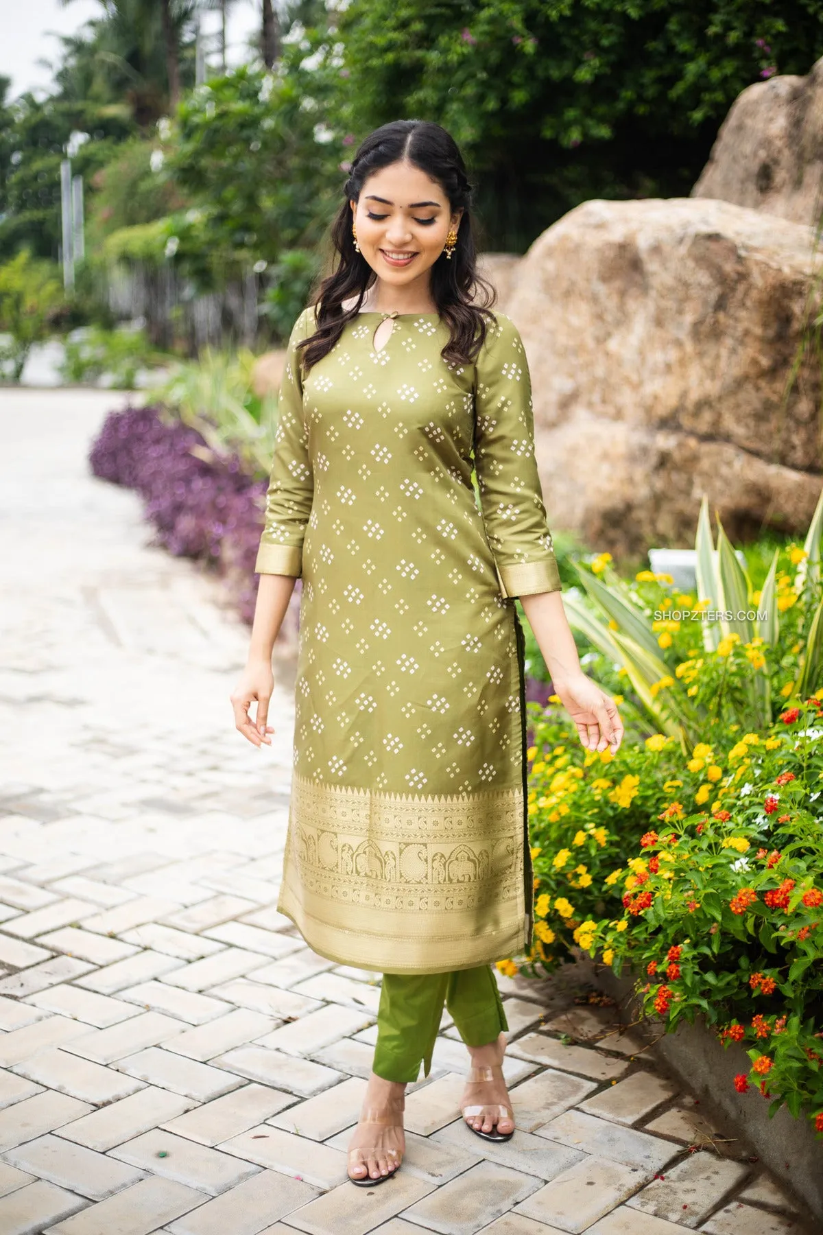 Moss Green Bandhini Kurta Set