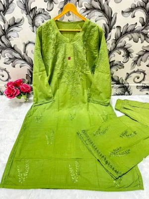 Parrot Green Chikankari Bliss Combo: Dyeable Pure Cotton Kurti & Palazzo Set
