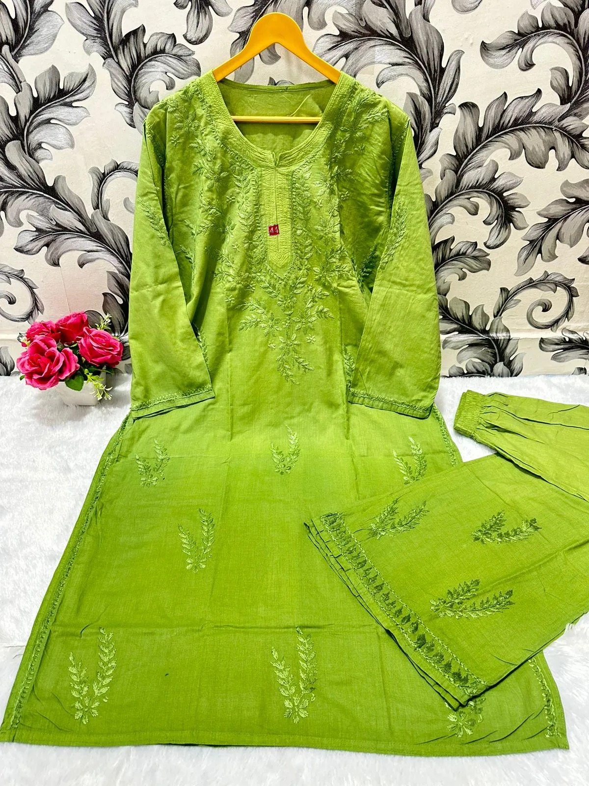 Parrot Green Chikankari Bliss Combo: Dyeable Pure Cotton Kurti & Palazzo Set