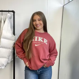 Preowned Nike Womens Spellout Sweatshirt Size XS Pink Coral Big Logo Retro Oversized.