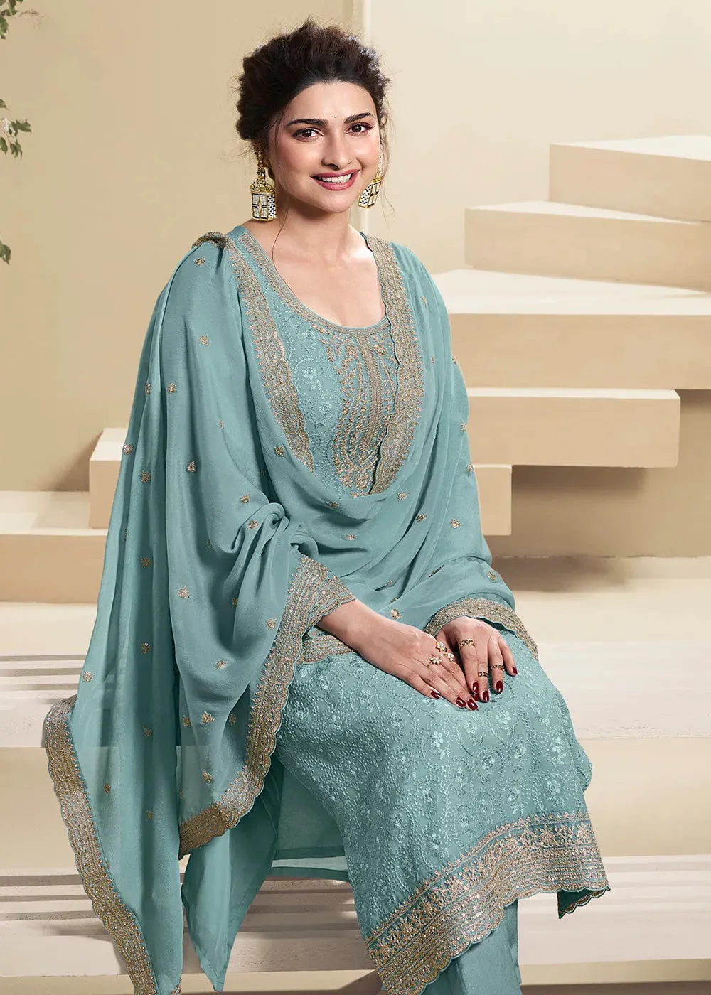 Sea Blue Schiffli Embroidered Designer Organza Straight Suit