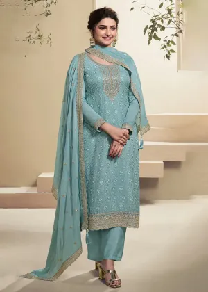Sea Blue Schiffli Embroidered Designer Organza Straight Suit