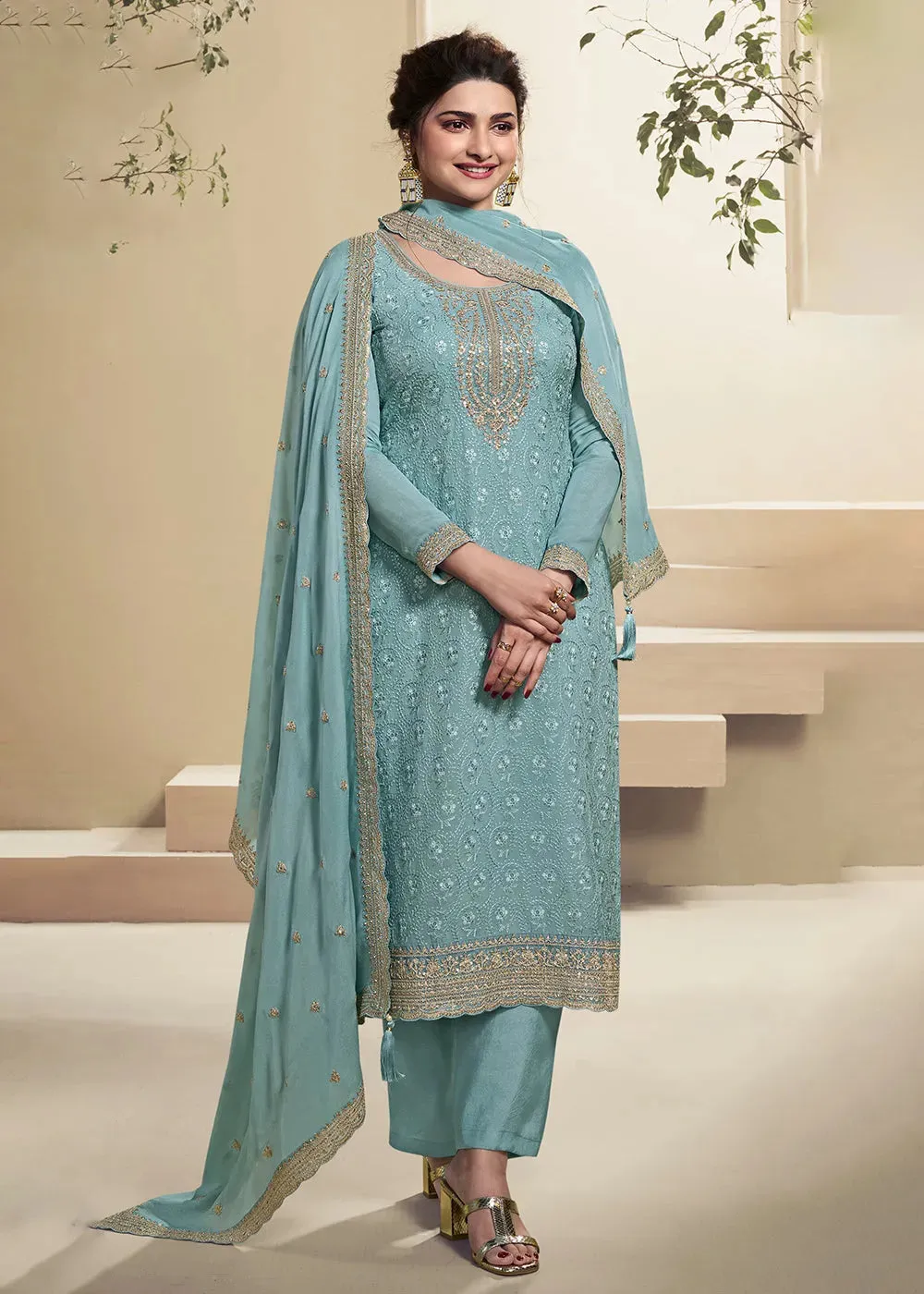 Sea Blue Schiffli Embroidered Designer Organza Straight Suit