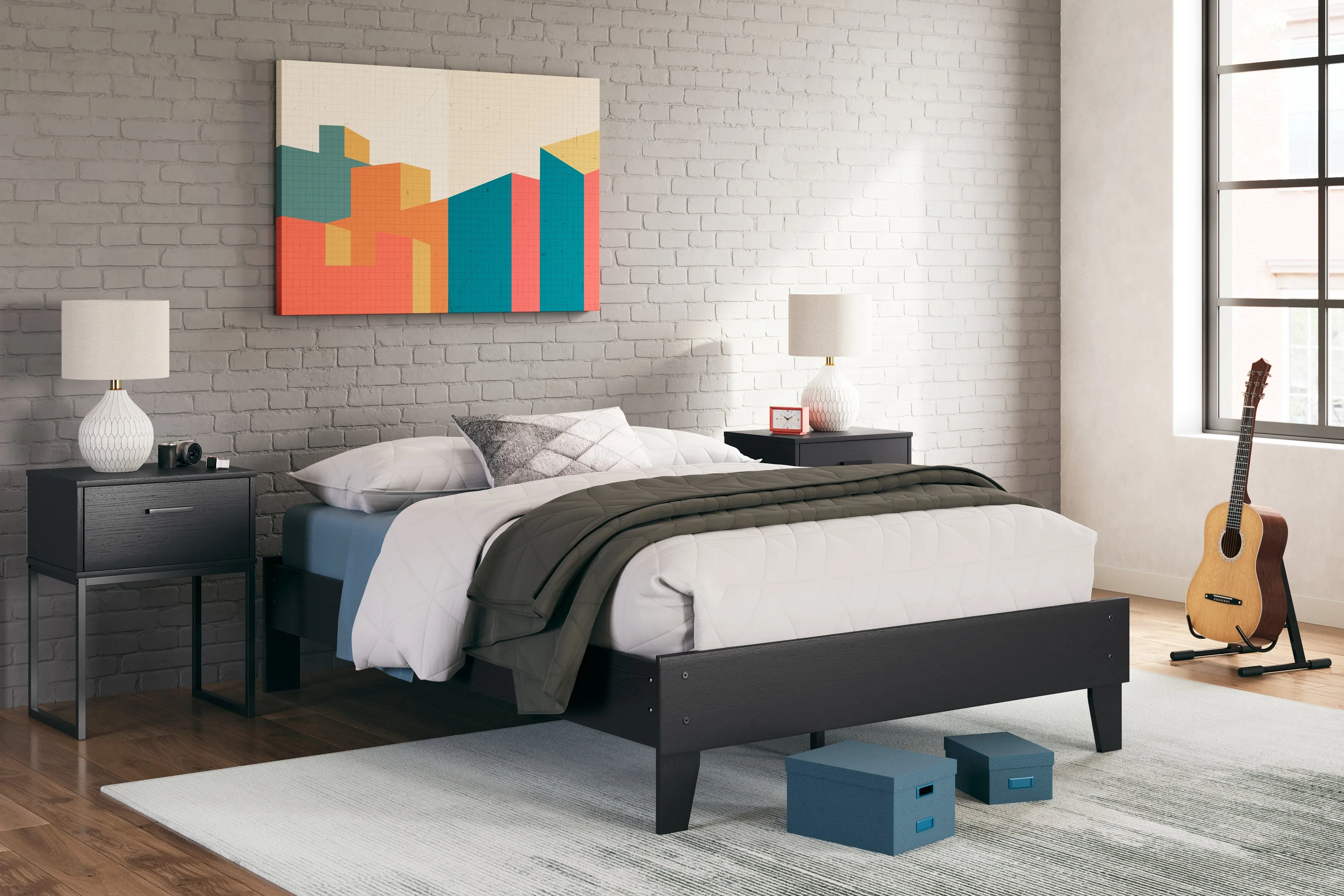 Socalle Full Platform Bed with 2 Nightstands in Black