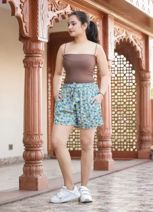Turquoise Floral Printed Shorts (Set Of 1)