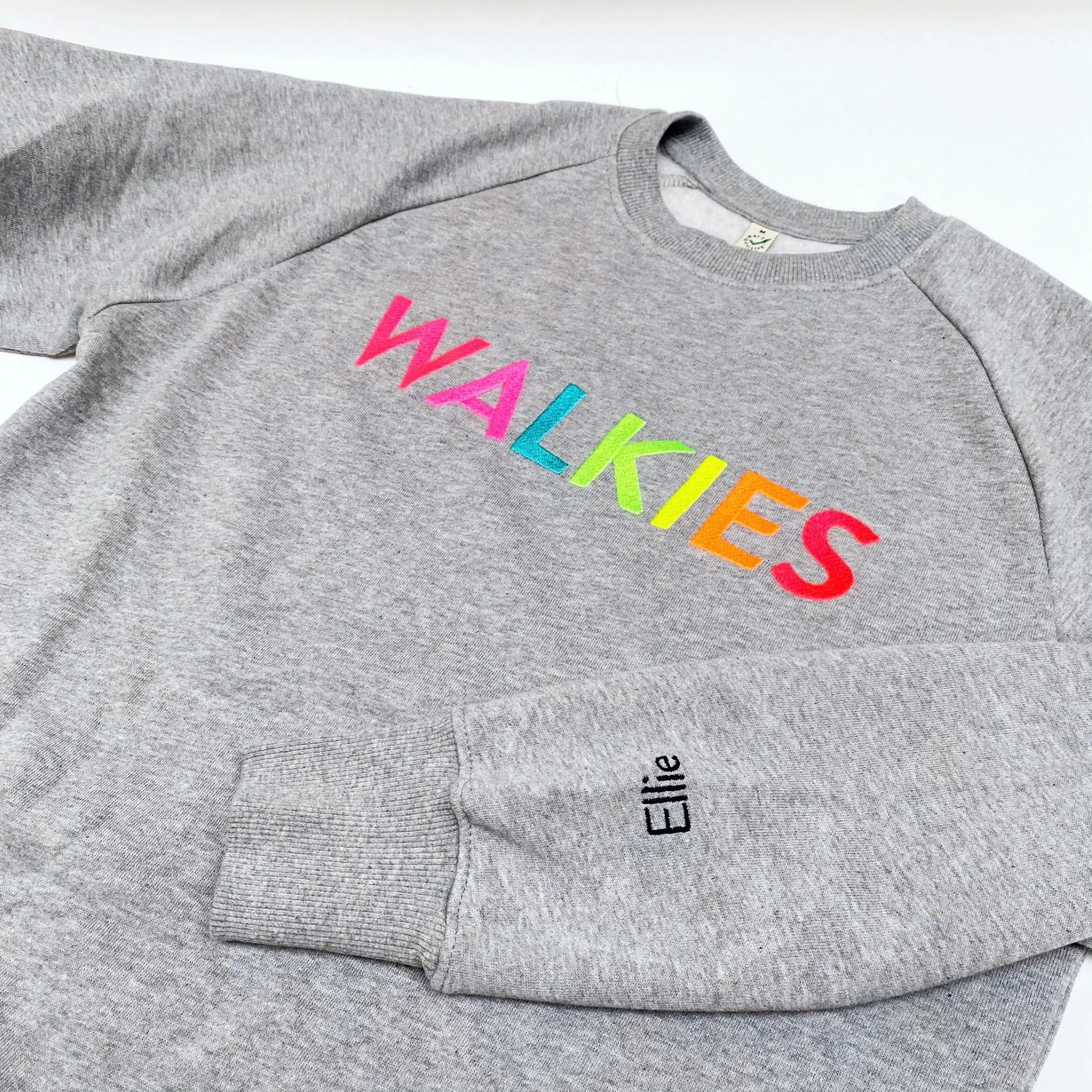 WALKIES slogan sweatshirt | Grey with Neon Rainbow Embroidery