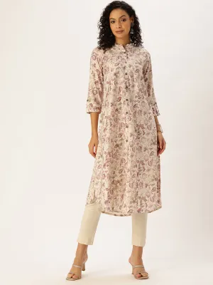 White Floral Printed A-Line Kurta