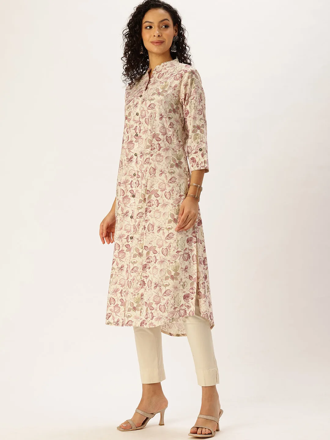 White Floral Printed A-Line Kurta