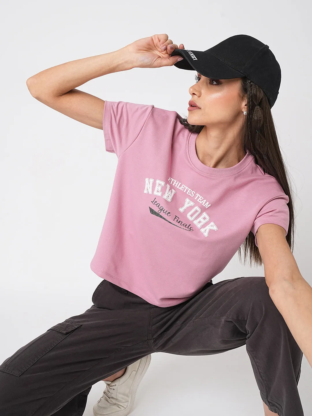WOMEN SLIM FIT CHEST PRINTED ATHLEISURE TOP