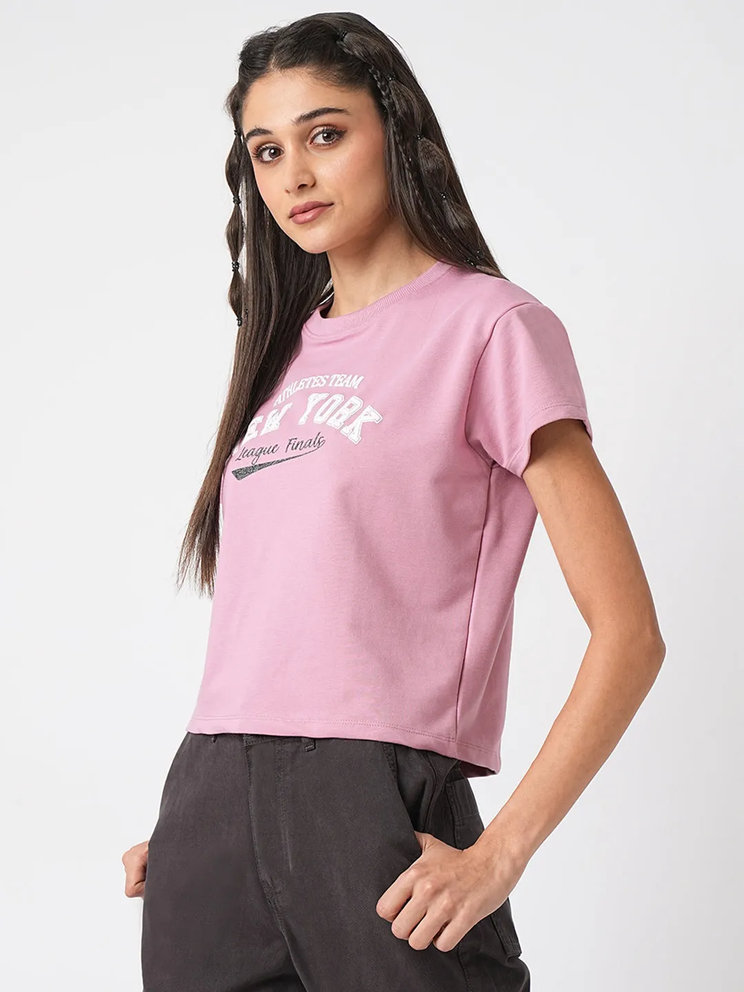 WOMEN SLIM FIT CHEST PRINTED ATHLEISURE TOP