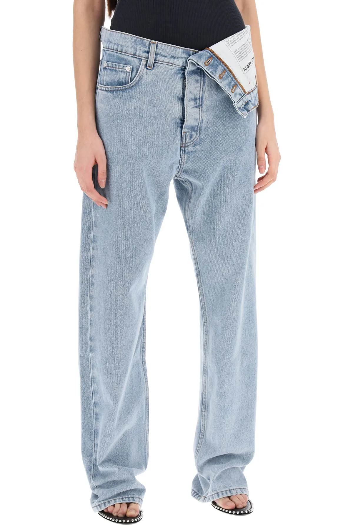 Y PROJECT asymmetric waist jeans with seven